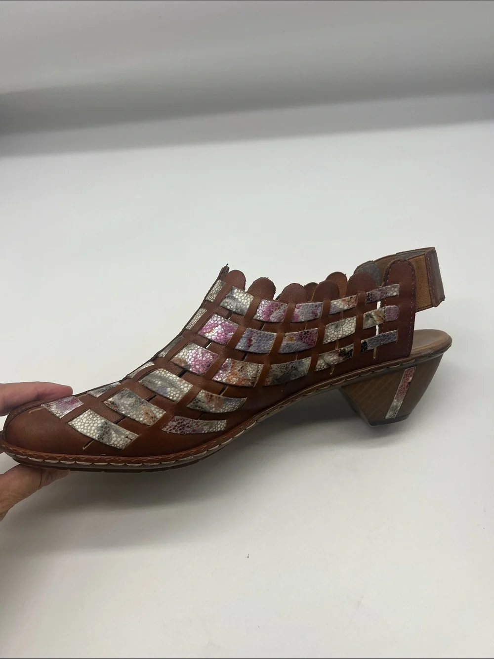 Rieker - Sina 46778 Brown Leather Multi Colored Woven Round Toe Shoes Size 41